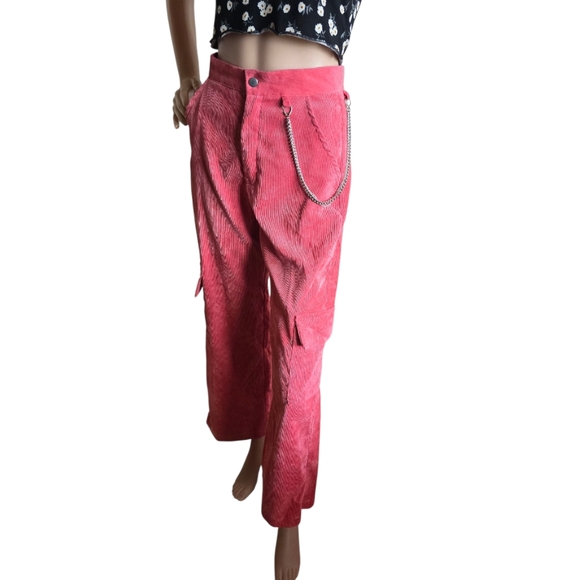 Women's Pink Corduroy High-Rise Flared Leg Silver Chain Detail Cargo Pants - Picture 12 of 16
